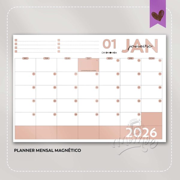 Planner Blocado Mensal Magnético - Calendário de geladeira 2026 - Imagem 1