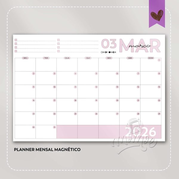 Planner Blocado Mensal Magnético - Calendário de geladeira 2026 - Imagem 3